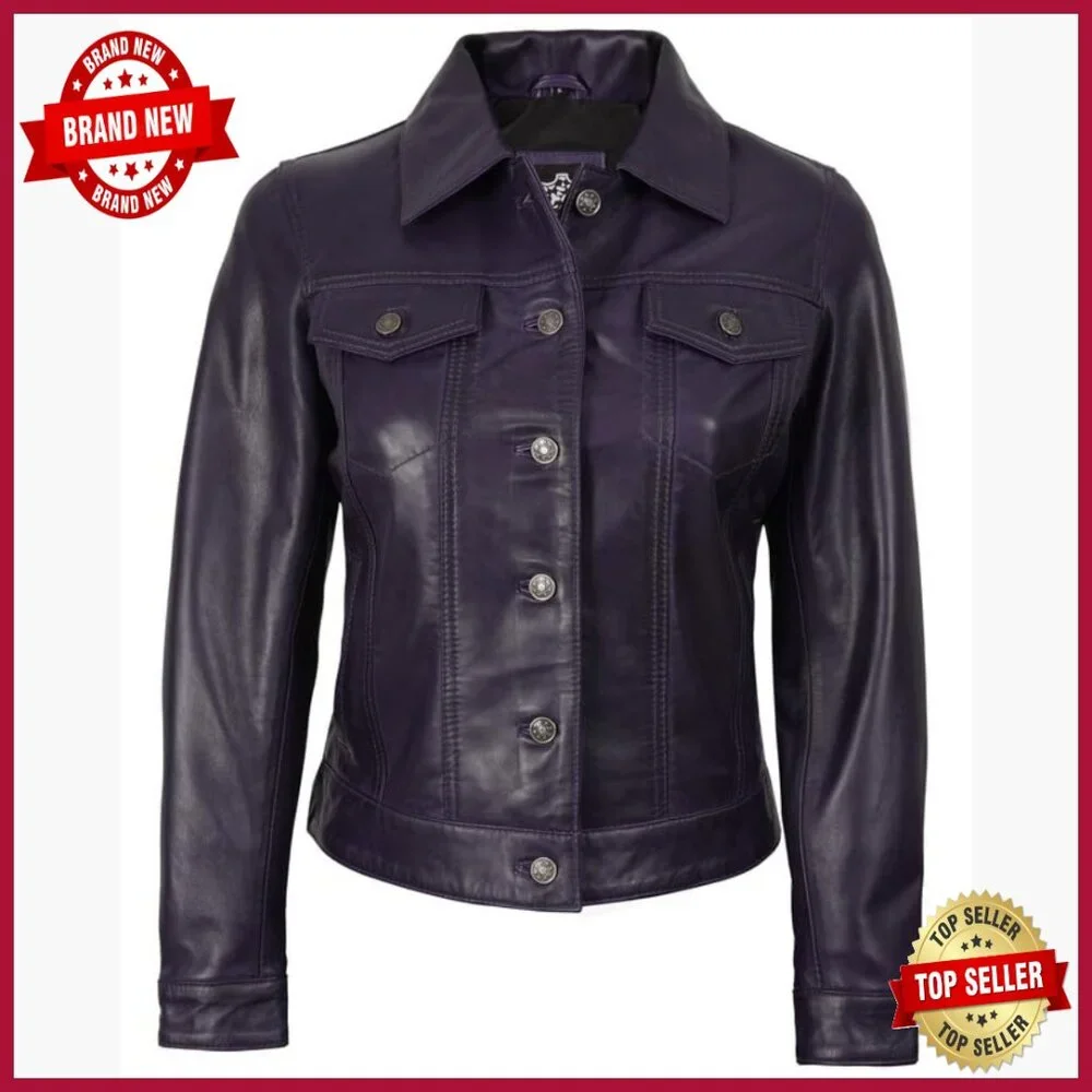 Real Lambskin Leather Trucker Jacket Women's Regular Fit Long Sleeve - Picture 3 of 6